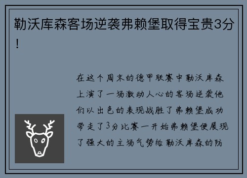 勒沃库森客场逆袭弗赖堡取得宝贵3分！