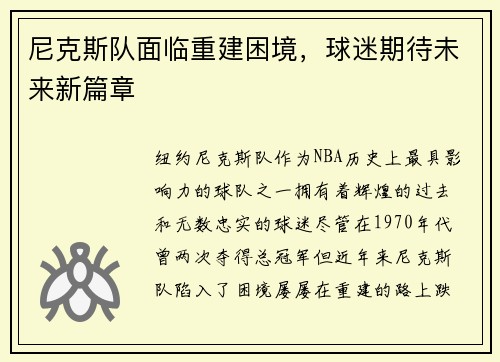 尼克斯队面临重建困境，球迷期待未来新篇章